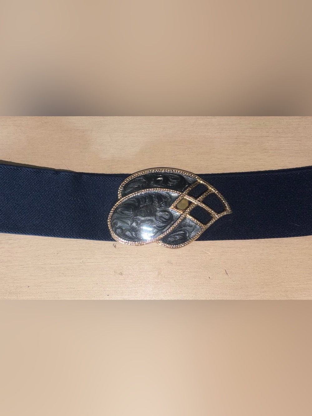 Vintage 80s Day-Lor Navy Elastic Wide Belt Gold Tone Black Enamel Buckle.
